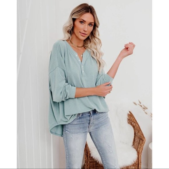 MAGGIE RELAXED KNIT HENLEY TOP SAGE - Picture 2 of 11